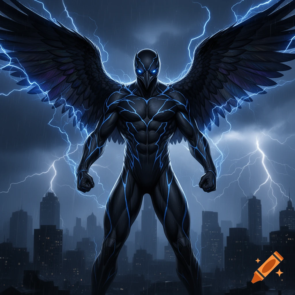 A dark superhero with raven wings and blue glowing markings stands against a city skyline under a stormy, lightning-filled sky.