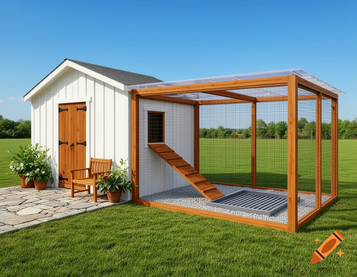 Photorealistic 3D render of a white shed with a wooden door attached to a timber-framed duck run with a clear roof, on a green lawn.