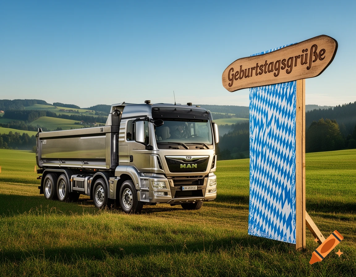 A photorealistic image of a silver MAN dump truck in a green field next to a wooden sign reading 'Geburtstagsgrüße' and a Bavarian flag.