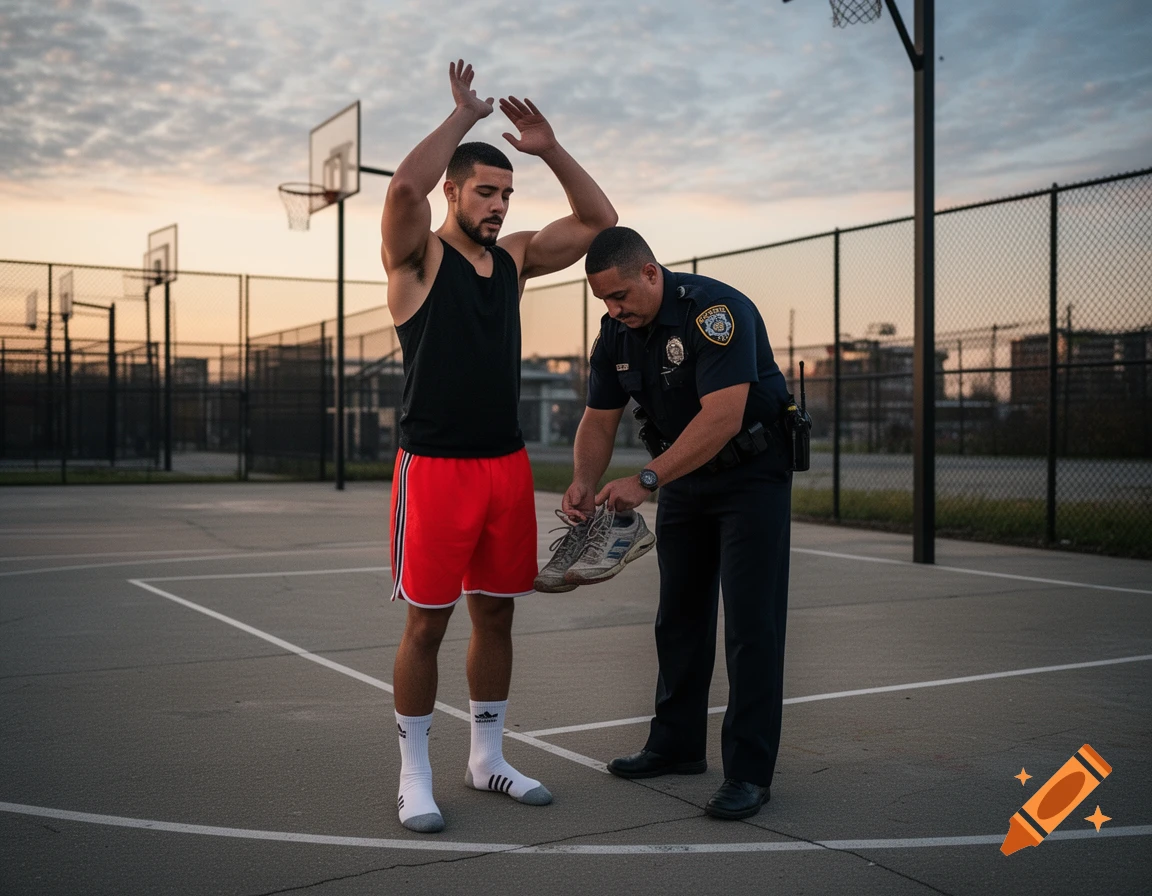 A police officer bends down and unties the shoes of a man in a tank top and red shorts on an outdoor basketball court at sunset.