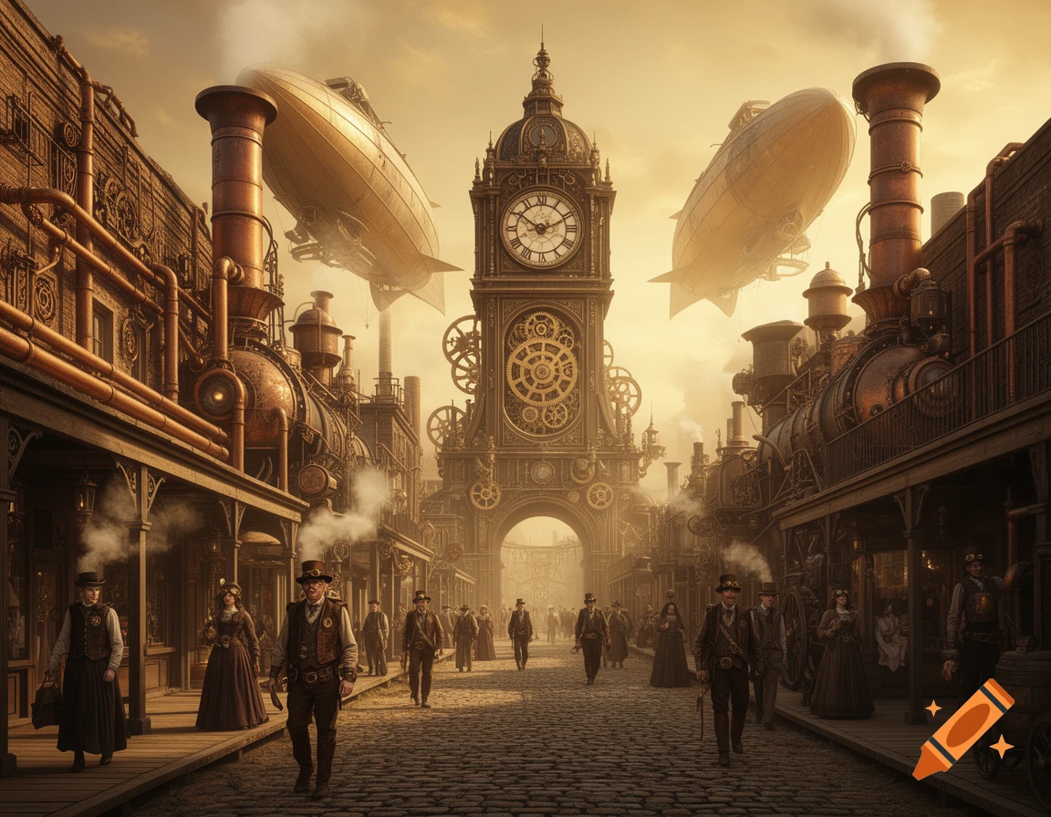 A bustling steampunk city street at sunset, featuring a grand clock tower, dirigibles in the sky, and people in period clothing.