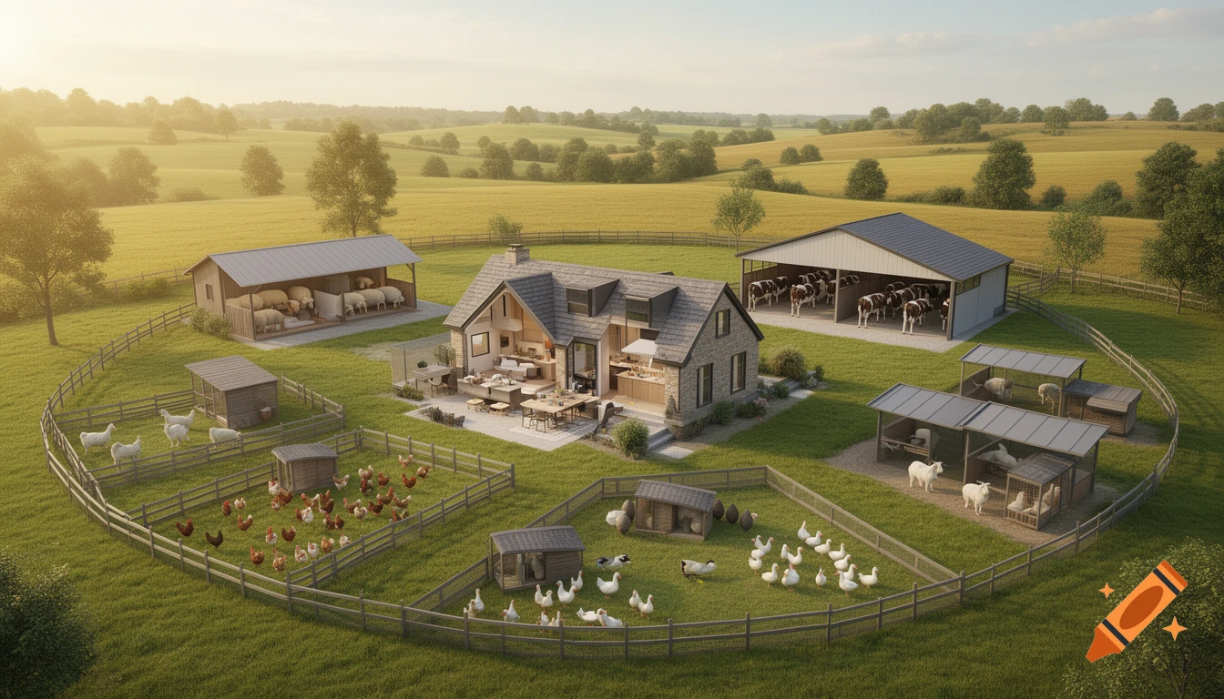 Aerial view of a detailed, photorealistic farm with a cutaway house, barns, and animal enclosures in green fields under a sunny sky.