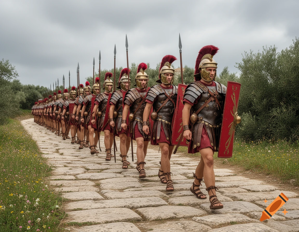 Photorealistic Roman legionaries in full armor march in a long line on a cobblestone road through green landscape.