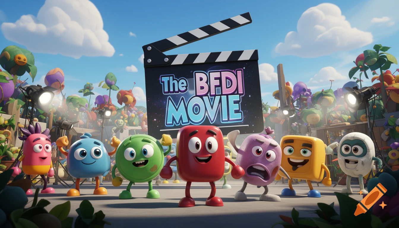 Six colorful cartoon characters stand in a vibrant outdoor setting with a large clapperboard that reads 'The BFDI MOVIE'.