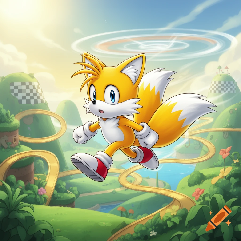 Tails the Fox from Sonic runs through a vibrant green landscape with golden loops, hills, and water under a bright sky.