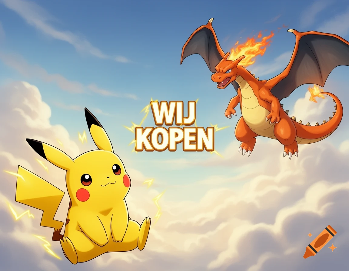 Cartoon Pikachu sits on a cloud, Charizard flies above, with 'WIJ KOPEN' text.