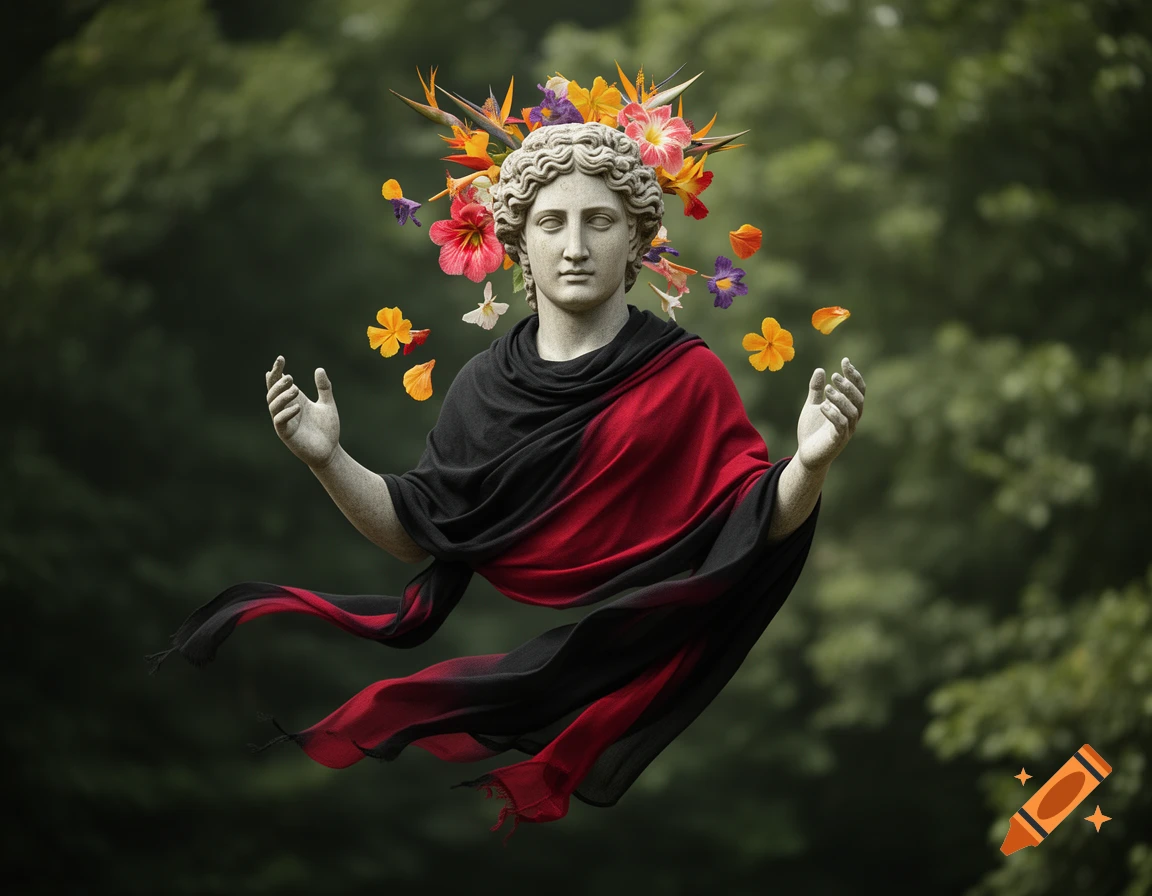 A floating gray Greek statue head with tropical flowers for hair, two disembodied hands, and a red and black pashmina against a blurred green background.