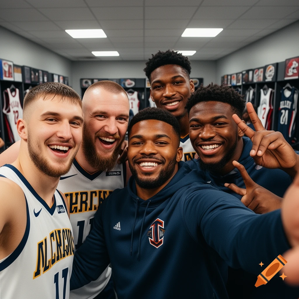 Five smiling men in sports attire take a group selfie in a locker room. One man on the right flashes a peace sign.