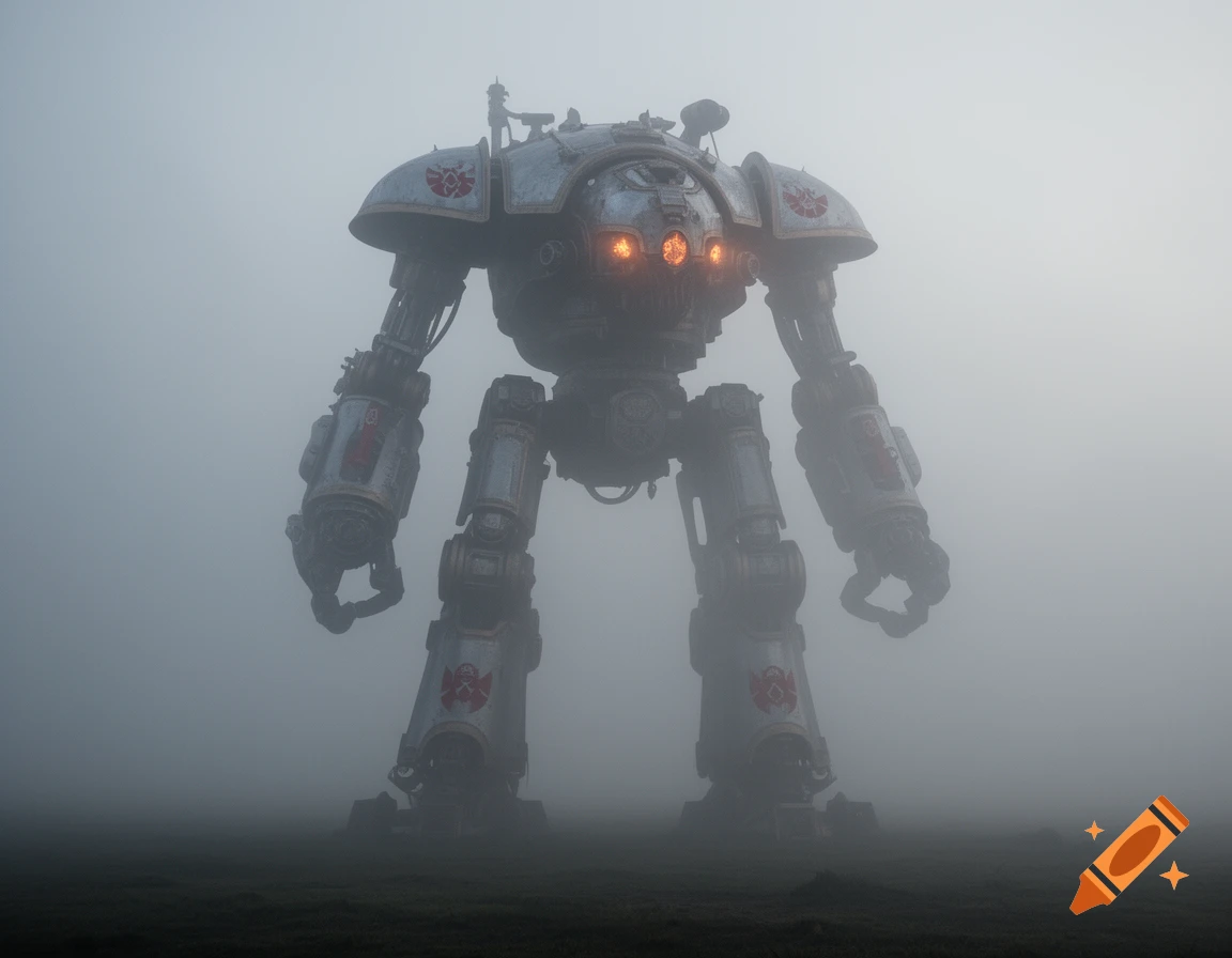 A large, heavily armored Warhammer 40k titan stands in thick fog on a desolate landscape, its eyes glowing orange.