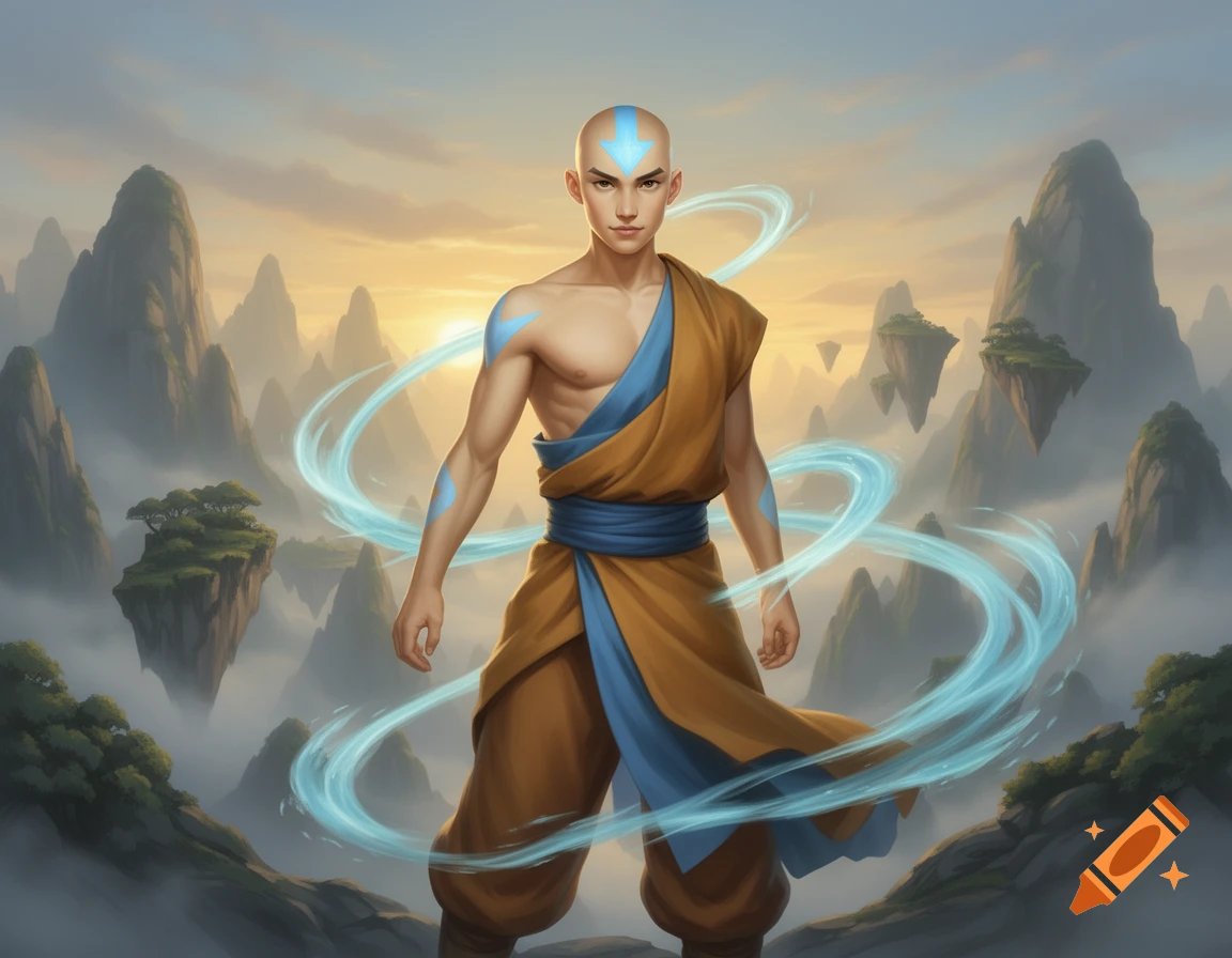 Aang from Avatar: The Last Airbender in a monk robe, airbending amidst floating mountains, mist, and a sunrise.