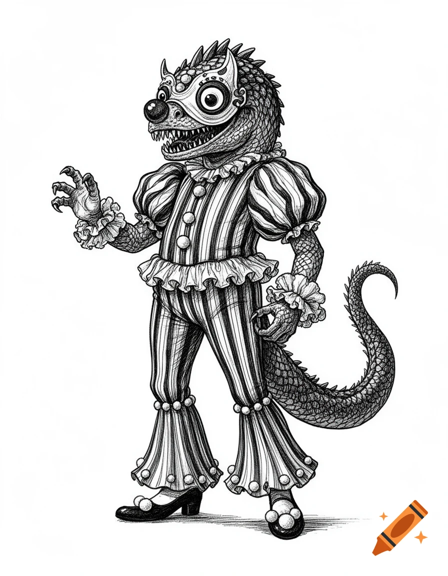 Detailed black-and-white ink illustration of a humanoid reptilian creature in a ruffled, striped clown suit with pom-poms.