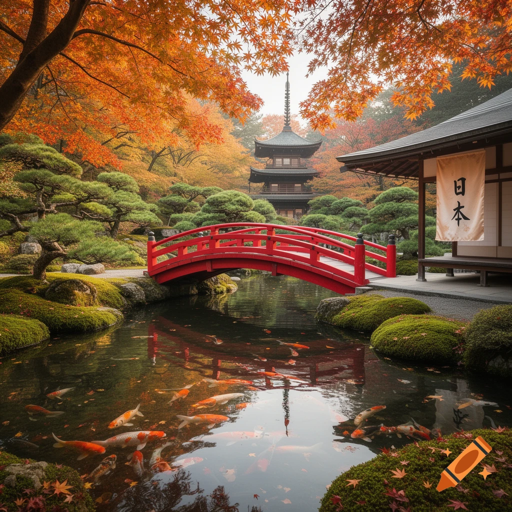 Photorealistic Japanese garden in autumn with a red bridge over a koi pond, a pagoda, and vibrant fall foliage.