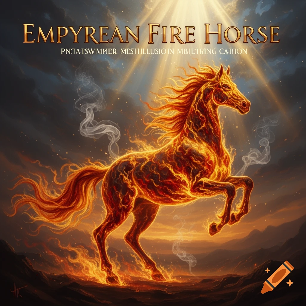A majestic fire horse prancing on a fiery landscape under a dramatic sky with sun rays. Text reads 'EMPYREAN FIRE HORSE'.