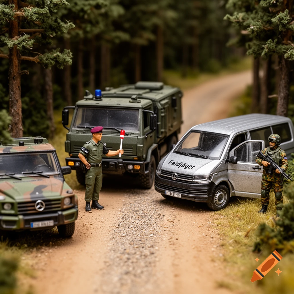 A photorealistic diorama shows a German military police checkpoint with miniature soldiers and vehicles on a dirt road in a pine forest.