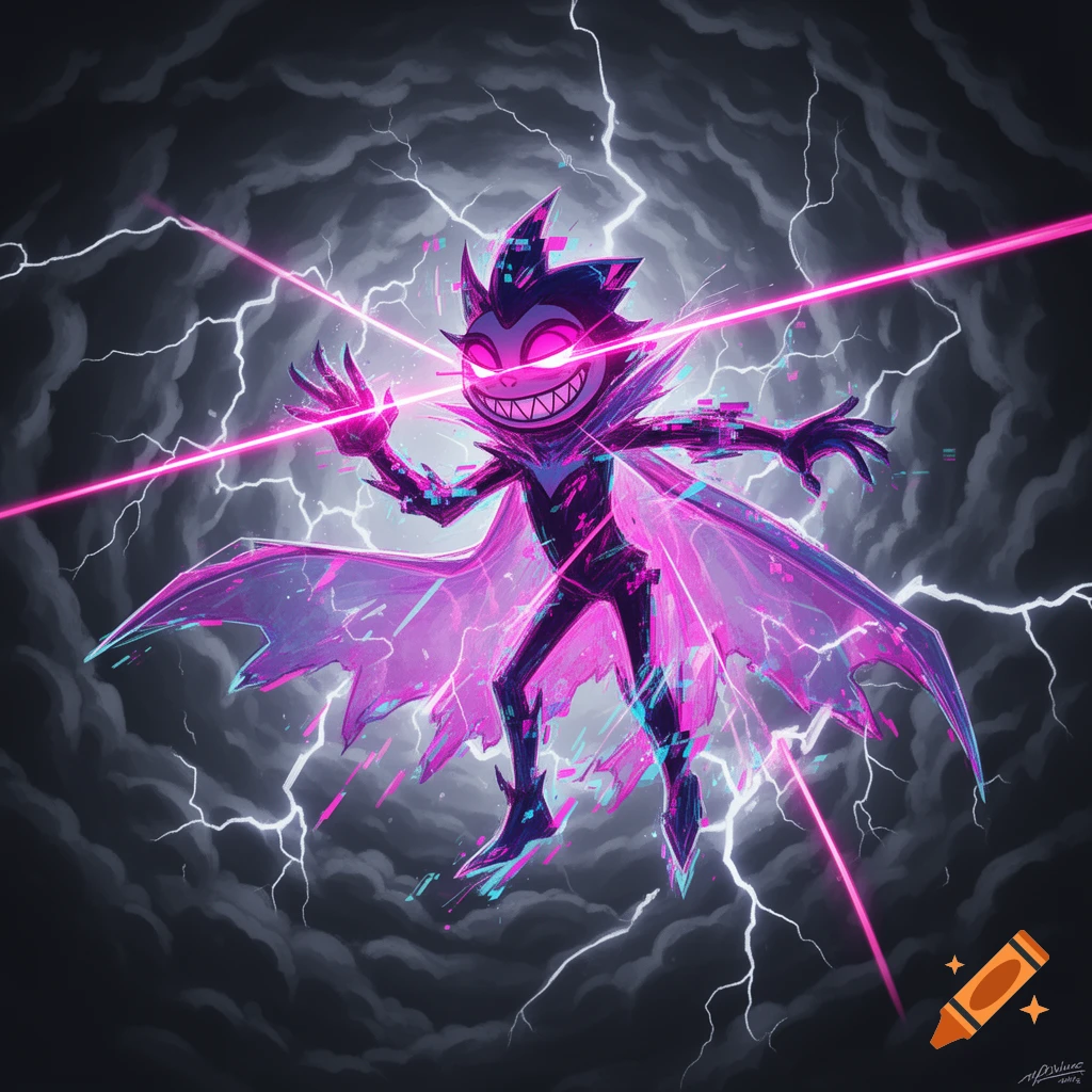 Vibrant digital art of Spamton from Deltarune, shooting pink lasers from glowing eyes amidst lightning and dark clouds.