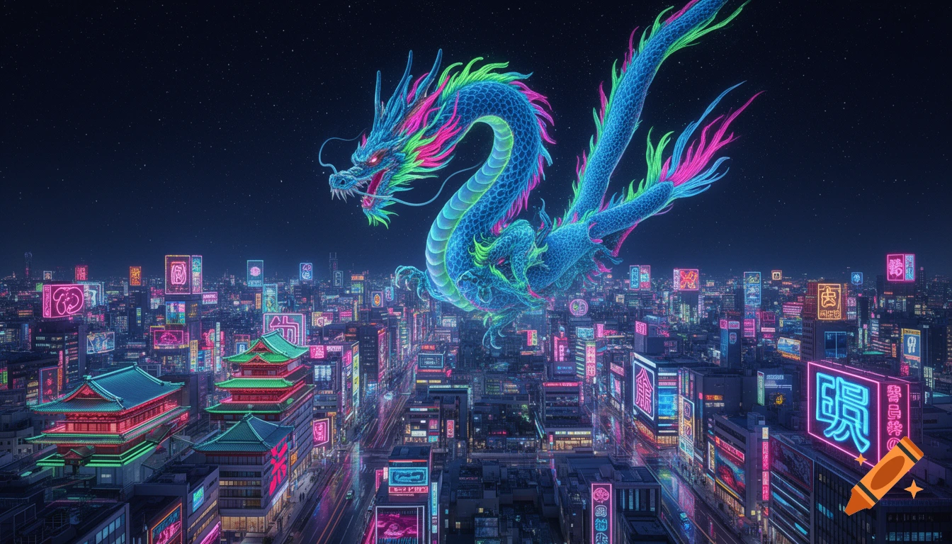 A vibrant blue neon dragon with pink and green accents soars over a futuristic, neon-lit city at night, under a star-filled sky.