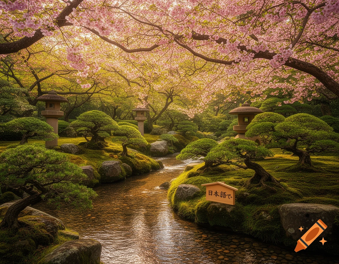 A beautiful Japanese garden with pink cherry blossoms, lush green moss, a winding stream, stone lanterns, and bonsai trees under a golden light.