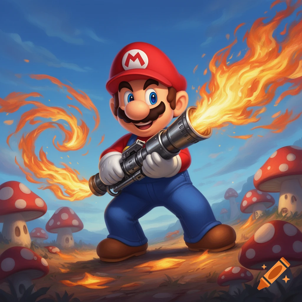 Mario in a red hat and blue overalls, wielding a flamethrower with fire blasting out, standing in a mushroom forest under a blue sky.