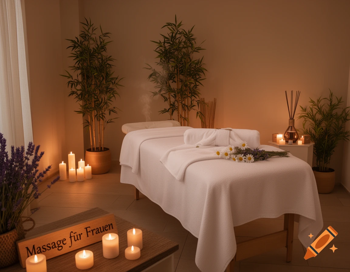 A dimly lit, warm massage room with a white massage bed, glowing candles, bamboo plants, lavender, daisies, and a wooden sign. Photorealistic.