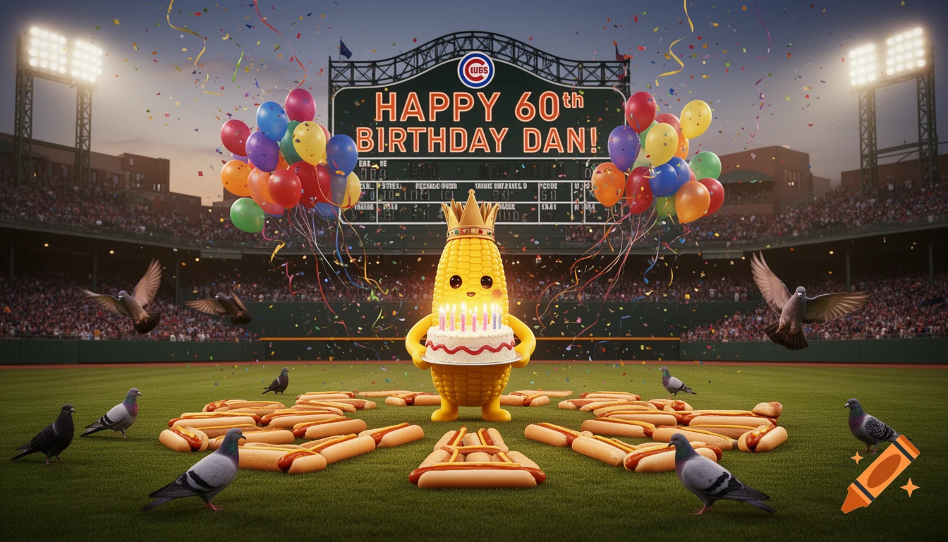 A corn king cartoon character with a birthday cake on a baseball field, surrounded by hot dogs, pigeons, and confetti. A scoreboard reads "HAPPY 60th BIRTHDAY DAN!"