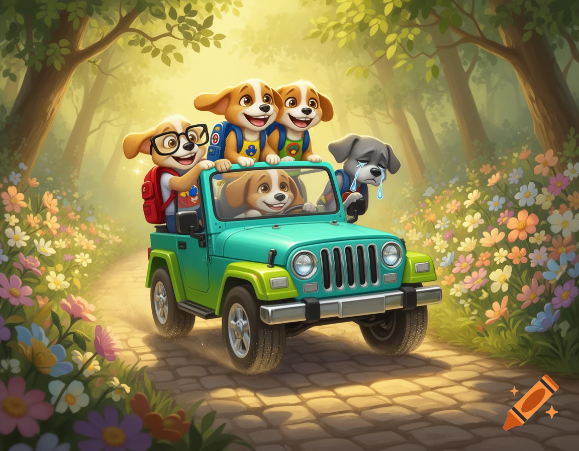 Four cartoon puppies, one wearing glasses and a red backpack, drive a turquoise jeep down a sunny forest path lined with wildflowers, with one puppy crying.