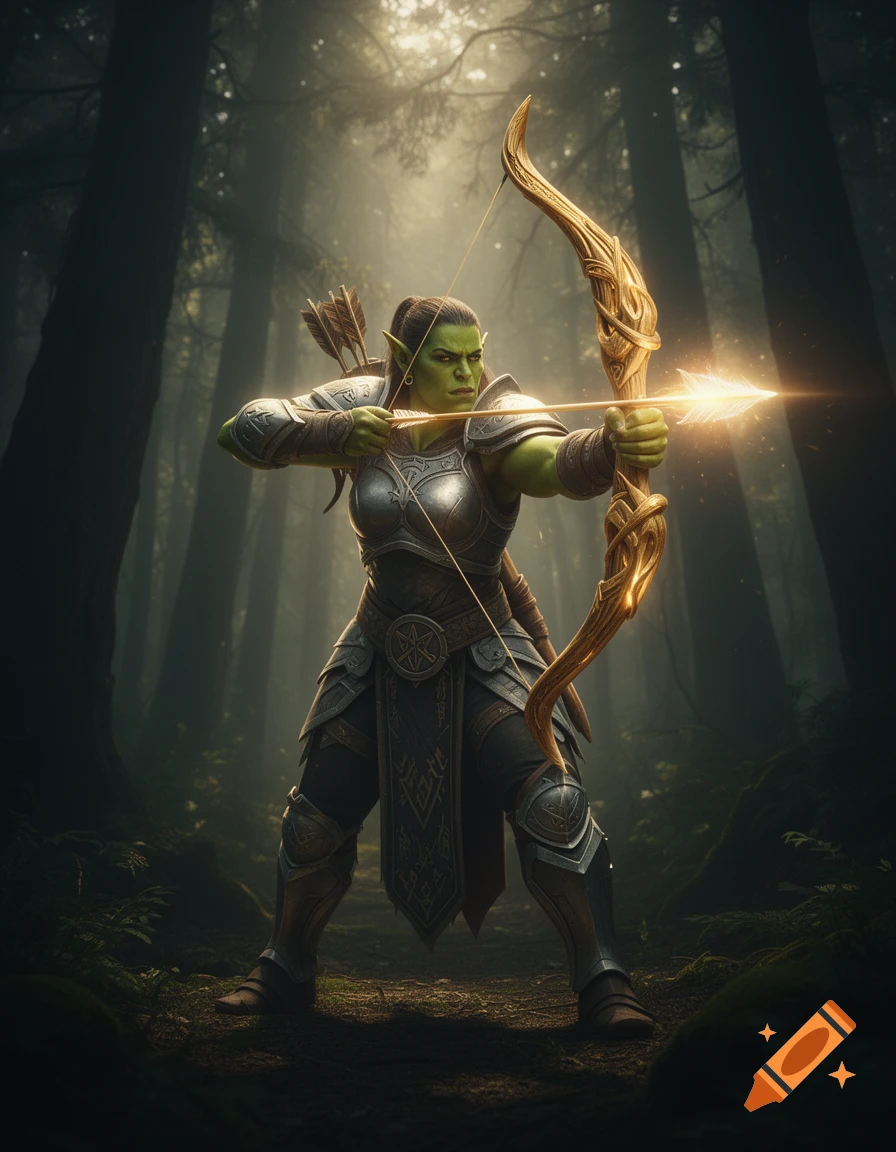 A detailed fantasy art of a female orc ranger in armor, drawing a golden bow with a glowing arrow in a misty forest.
