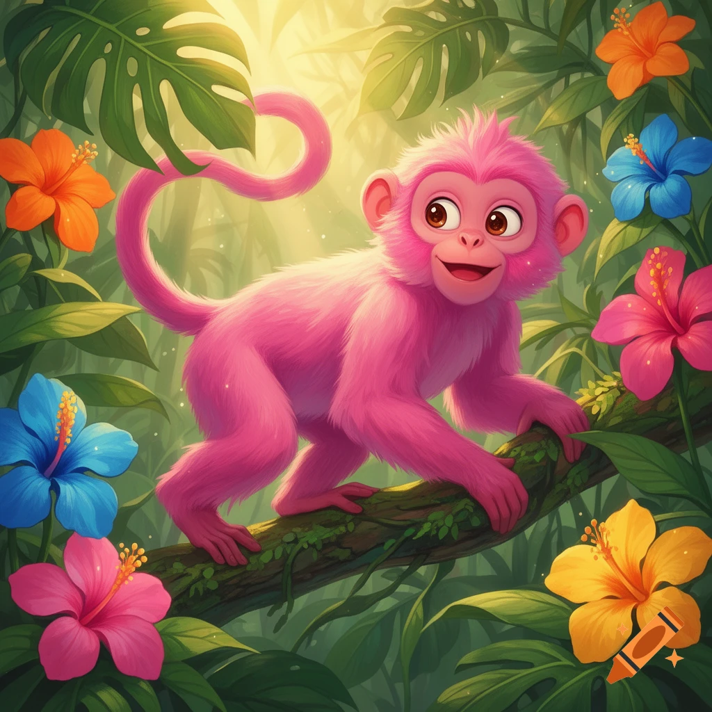 A cute pink monkey with big brown eyes perches on a mossy branch in a vibrant jungle with colorful hibiscus flowers.