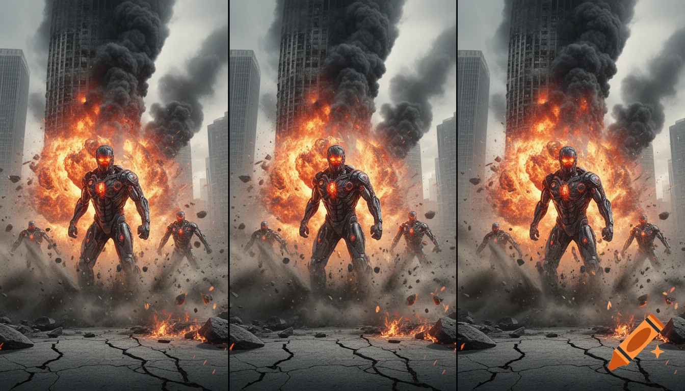 Three panels show a powerful cyborg and smaller cyborgs standing amidst massive fiery explosions and destroyed buildings in a city.