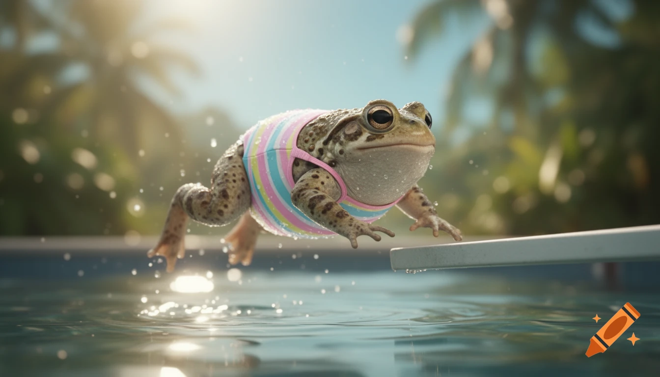 A photorealistic close-up of a frog in a pastel striped swimsuit jumping headfirst into a sunny swimming pool, splashing water.