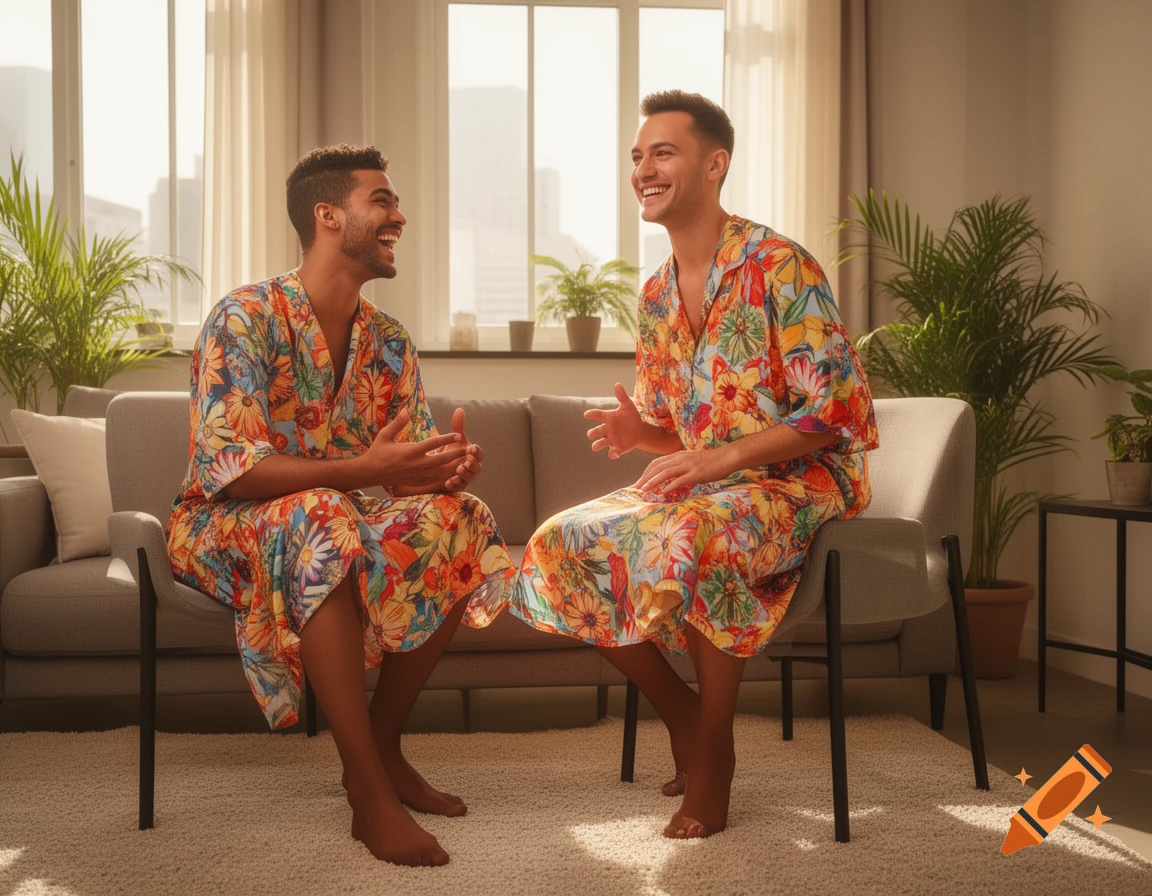 Two laughing men in colorful floral robes sitting and talking in a sunlit living room.