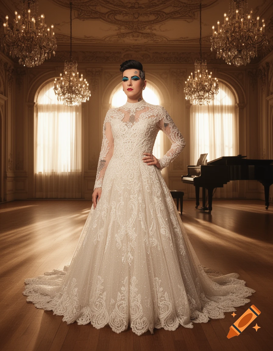 A person resembling Boy George, in an ornate white bridal gown, stands in a grand ballroom with chandeliers and a piano.