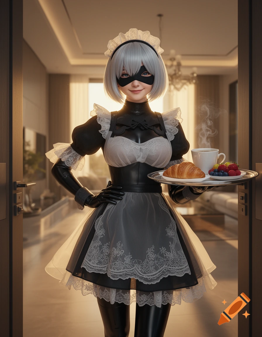 Photorealistic image of 2B from NieR Automata in a black latex and white lace maid outfit, holding a breakfast tray in a doorway.