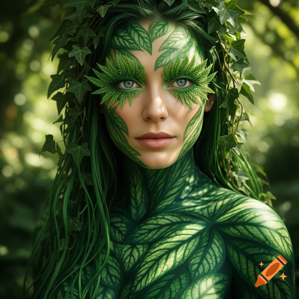 Photorealistic portrait of a woman with green leaf body paint, green hair, and ivy foliage, resembling a nature spirit.