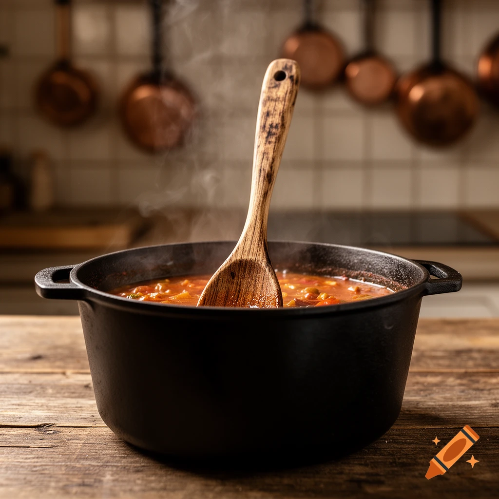A steaming pot of soup with a wooden spoon on a rustic kitchen table, with blurred copper pots in the background.