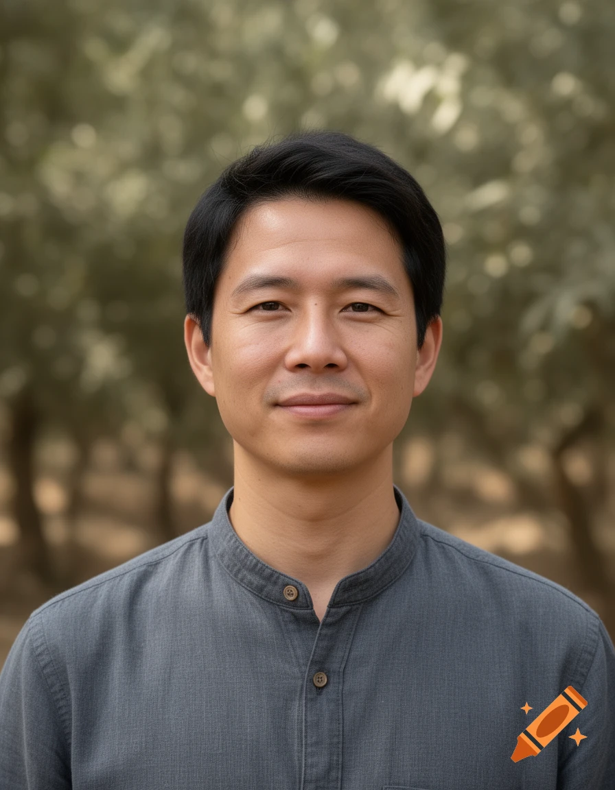 Photorealistic portrait of a man with short black hair wearing a dark grey shirt, smiling slightly, against a blurry outdoor background.