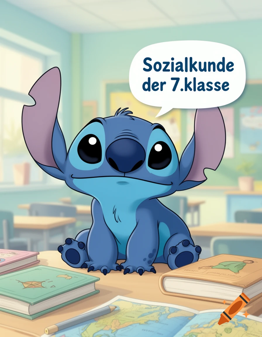 Cartoon Stitch sits on a classroom desk with books and a map, with a speech bubble saying 'Sozialkunde der 7.klasse'.