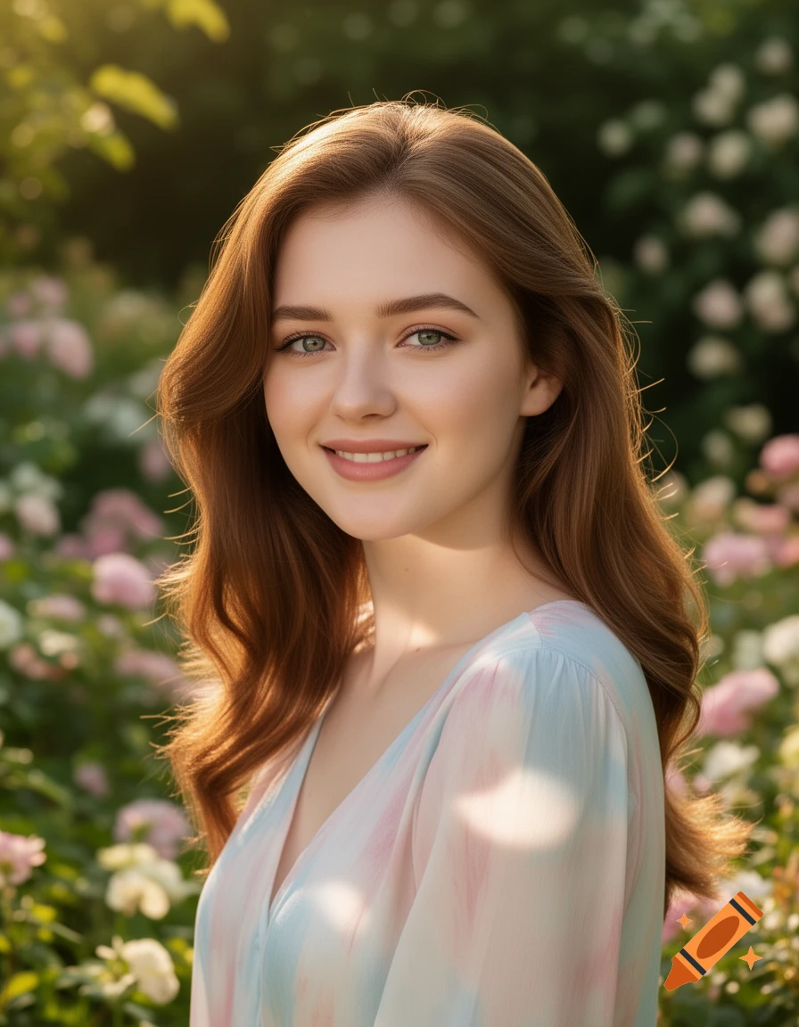 Smiling young woman with brown hair and blue eyes in a sunny rose garden.