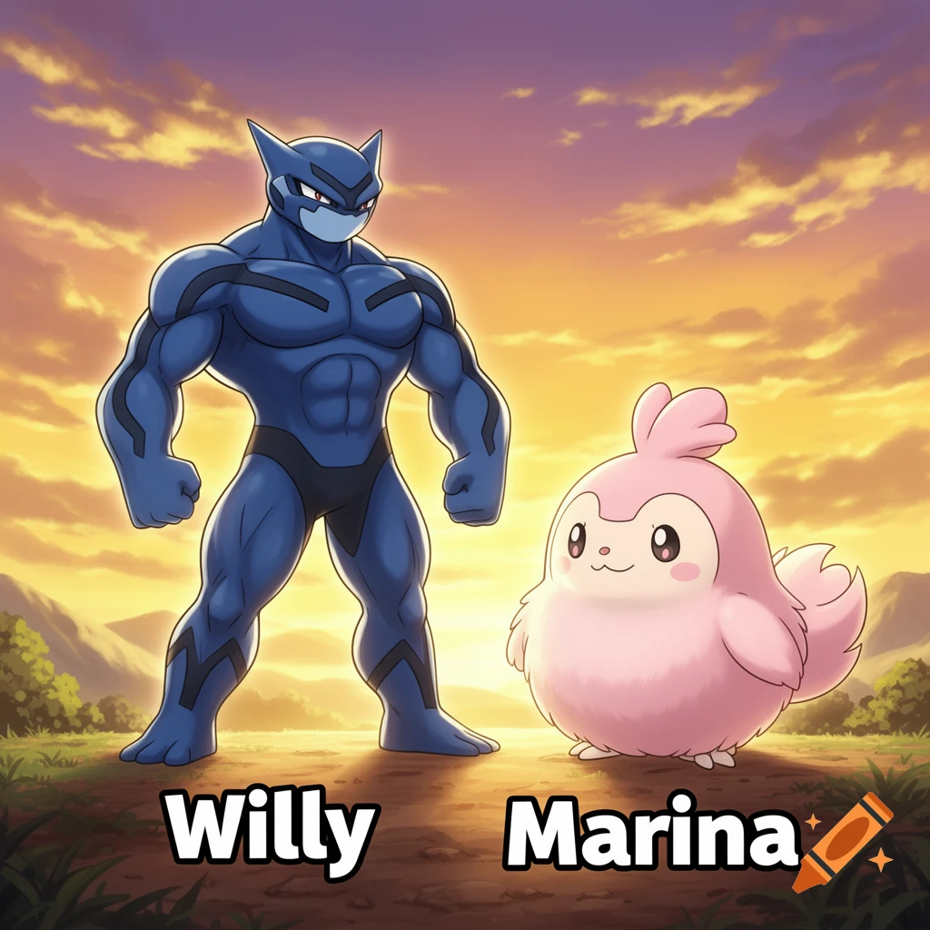 A muscular blue Pokémon-like character 'Willy' and a fluffy pink creature 'Marina' stand together against a sunset sky in anime style.