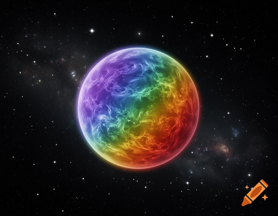 A vibrant rainbow-colored planet glows against a dark starry sky in deep space.