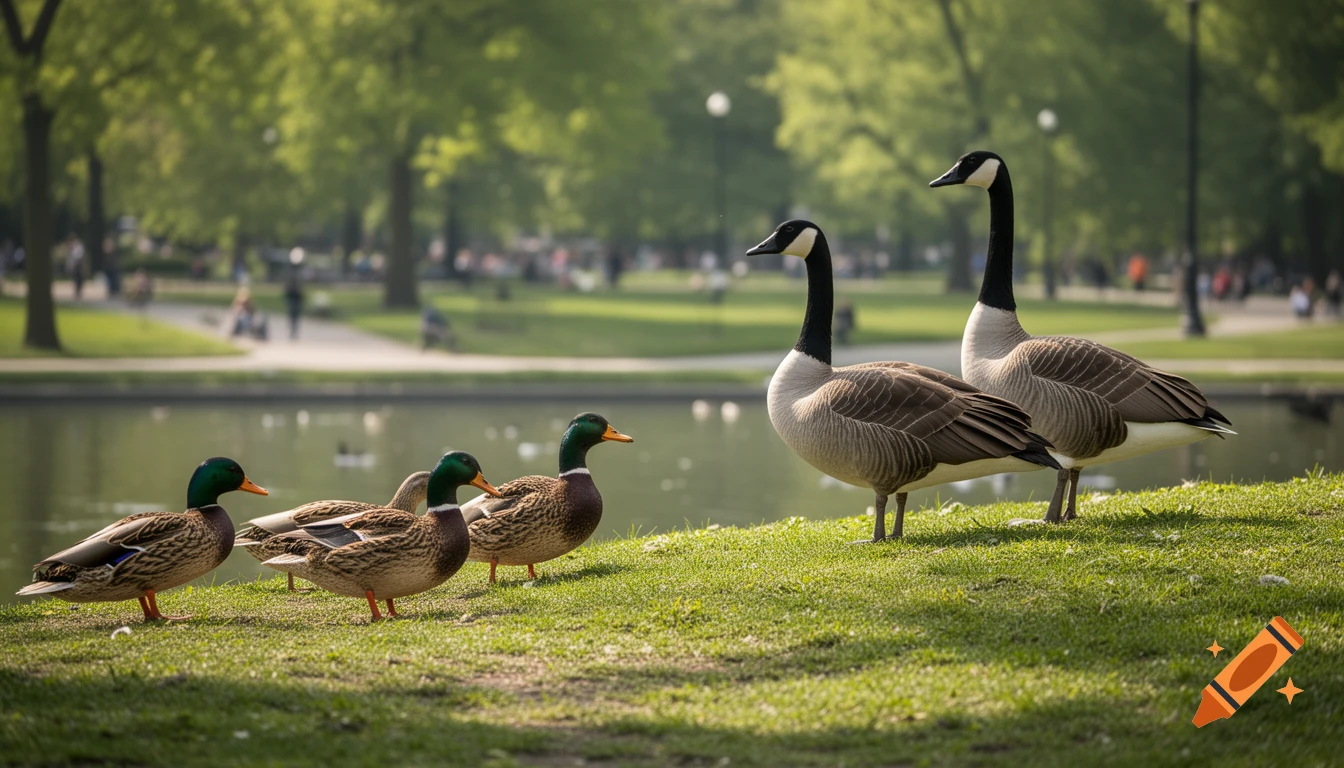 Two Canada geese and three mallard ducks stand on a grassy bank by a pond in a sunny park.