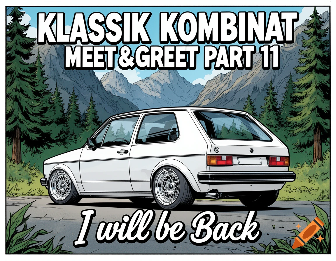 Comic art of a white classic VW Golf 1 with BBS wheels on a mountain road with pine trees. Text reads 'KLASSIK KOMBINAT MEET&GREET PART 11' and 'I will be Back'.
