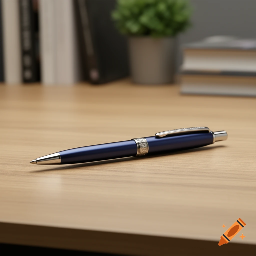 A blue and silver pen rests on a light wooden desk, with a blurred green plant and books in the background.