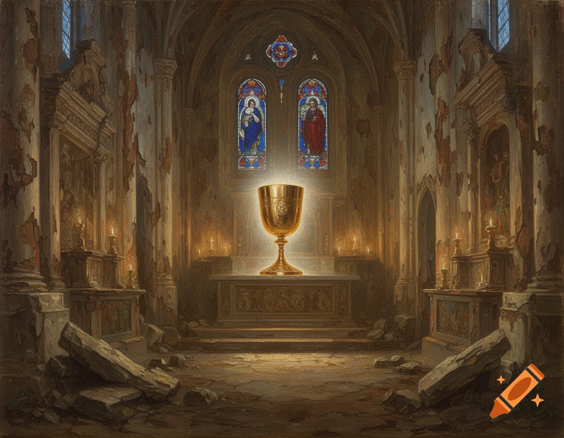 Oil painting of a glowing golden chalice on an altar in a ruined, candlelit chapel with stained glass windows.