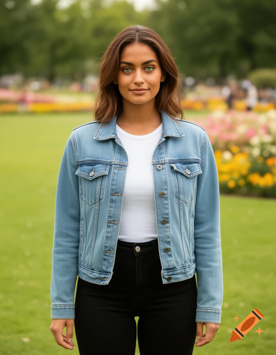 Young woman with brown hair and green eyes in a denim jacket, white t-shirt, and black pants stands in a park with green grass and flowers.