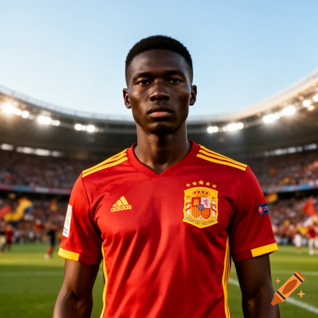 A dark-skinned man in a red Spain football jersey stands in a stadium, looking directly forward.