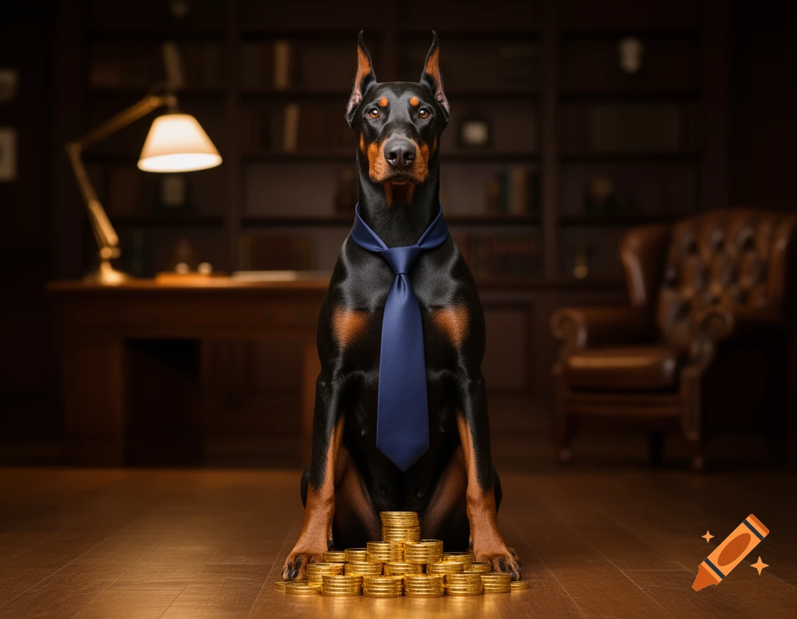 Photorealistic Doberman in a blue tie sitting in a study with stacks of gold coins.