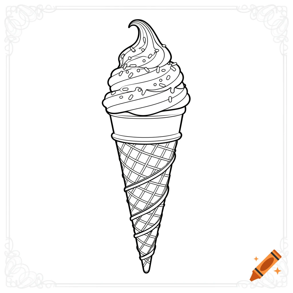 A black and white outline drawing of a soft-serve ice cream cone with sprinkles, set within a decorative frame.