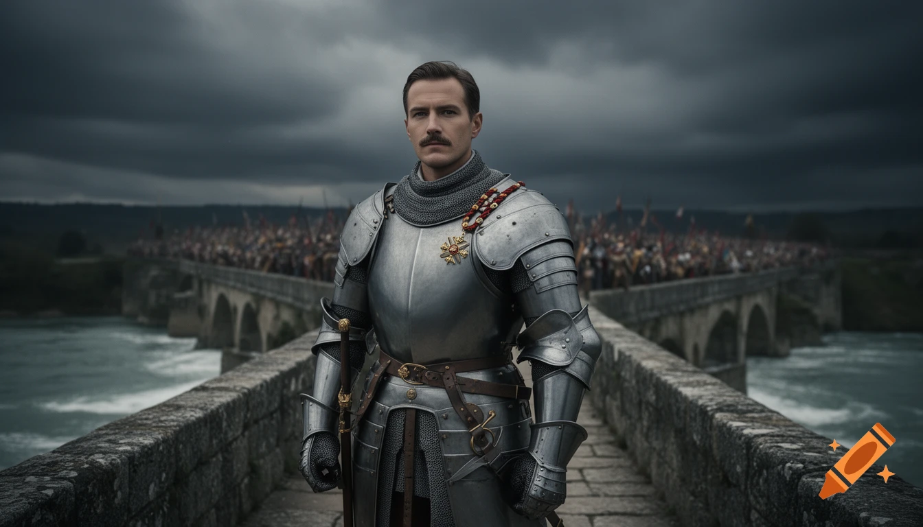 Photorealistic image of a knight in shining armor standing on a stone bridge, defending against a blurred army under a stormy sky.