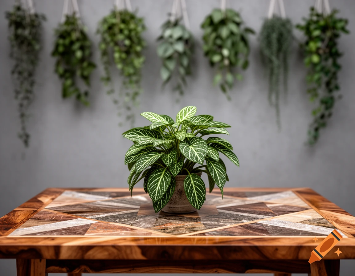 A potted plant with striped green leaves on an inlaid wooden table, with blurred hanging plants against a gray wall.