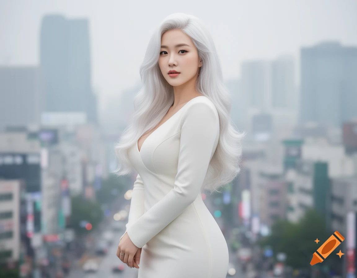 Photorealistic portrait of a beautiful Korean woman with long white hair and a white dress, standing with a blurred city in the background.
